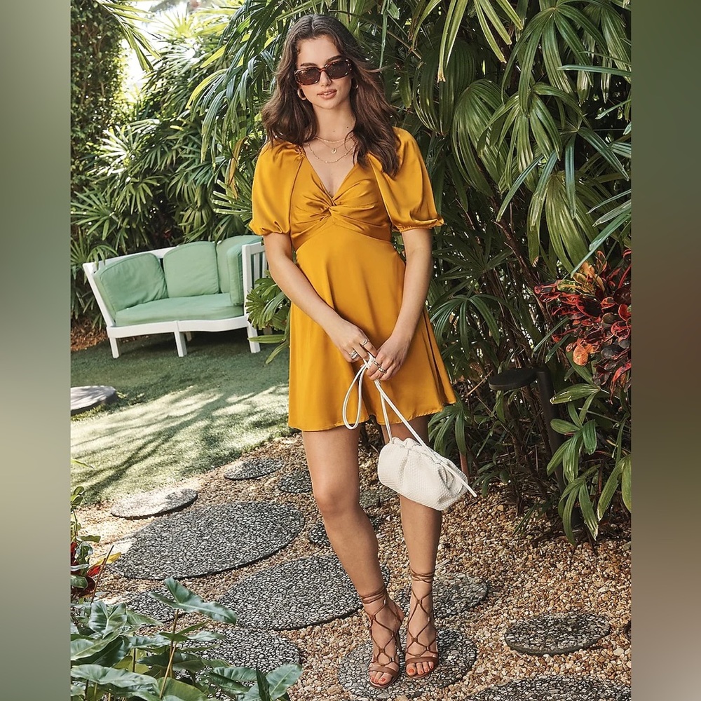 Express Satin Twist Front Puff Sleeve Mini Dress in Golden Yellow; Size XL
